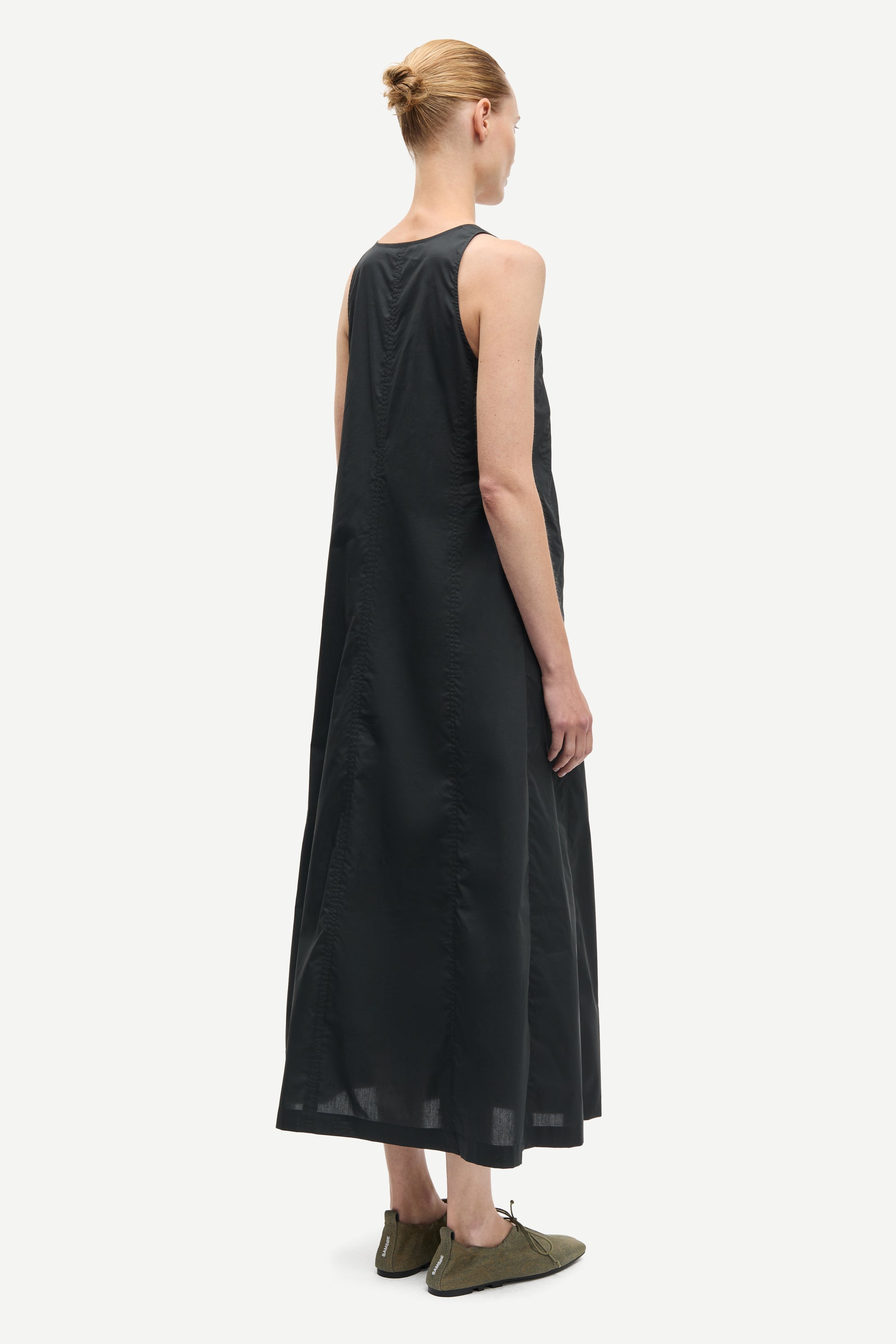 v neck sleeveless a line black dress from samsoe rear view