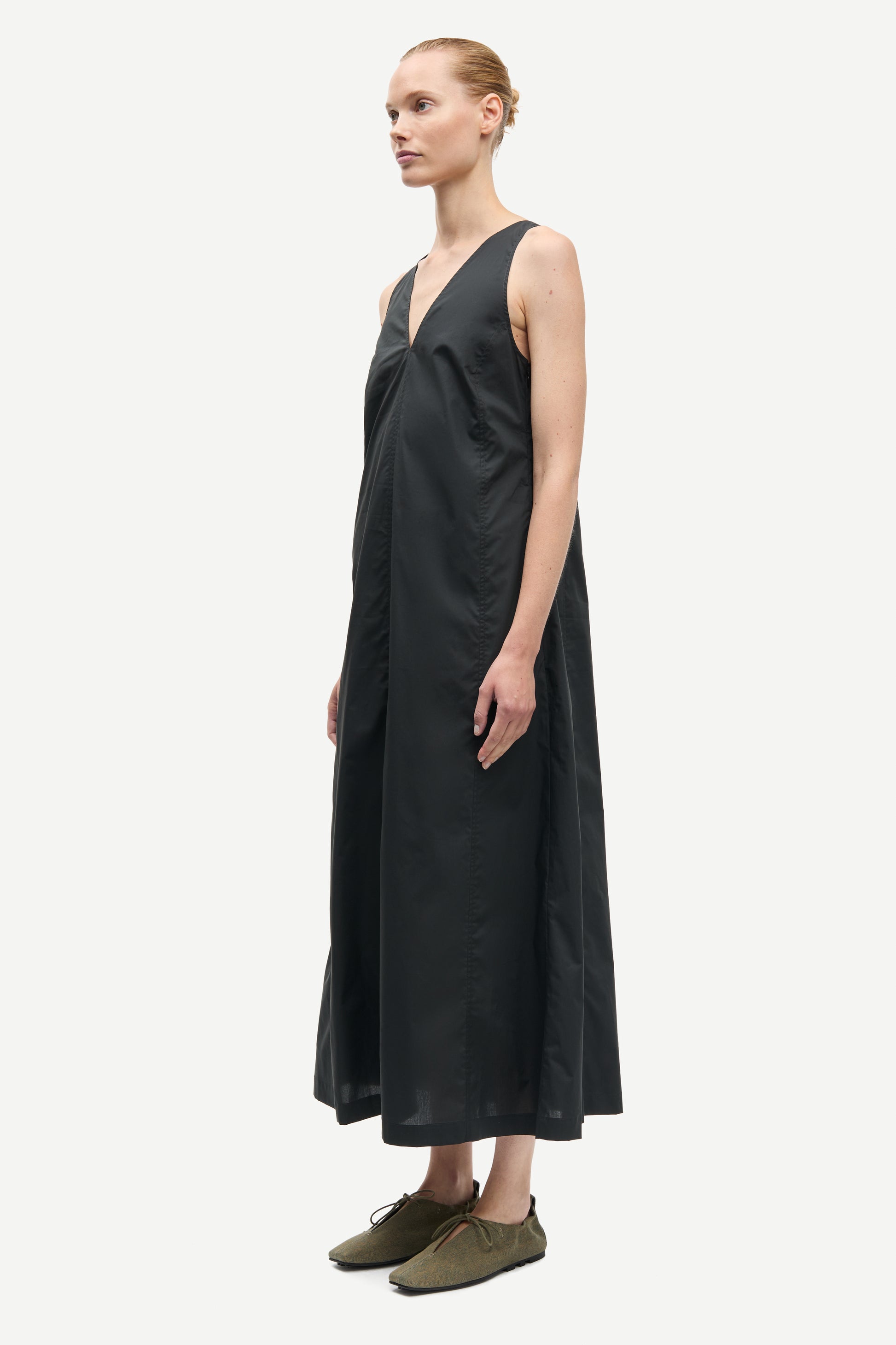 v neck sleeveless a line black dress from samsoe side view