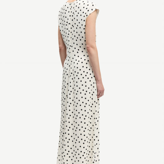 polka dot white mid length dress with cap sleeves and round neck from samsoe  rear