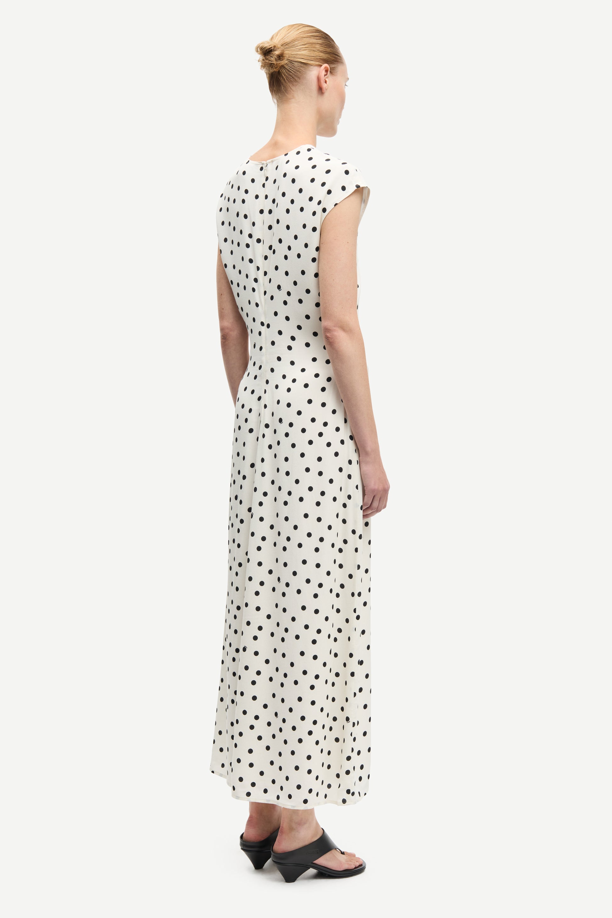 polka dot white mid length dress with cap sleeves and round neck from samsoe  rear