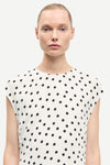 polka dot white mid length dress with cap sleeves and round neck from samsoe  close up