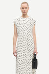 polka dot white mid length dress with cap sleeves and round neck from samsoe  close up