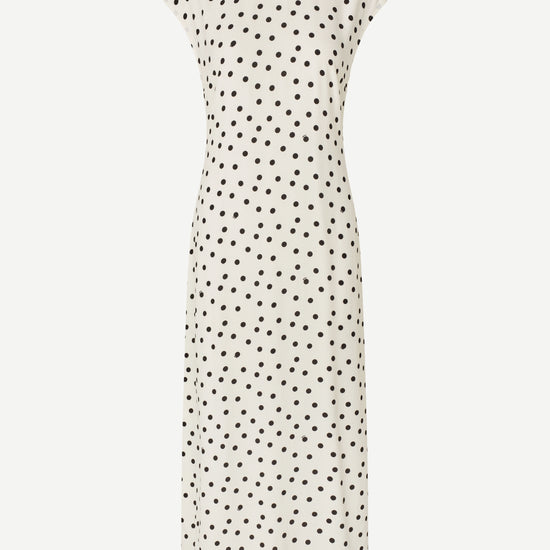 polka dot white mid length dress with cap sleeves and round neck from samsoe 