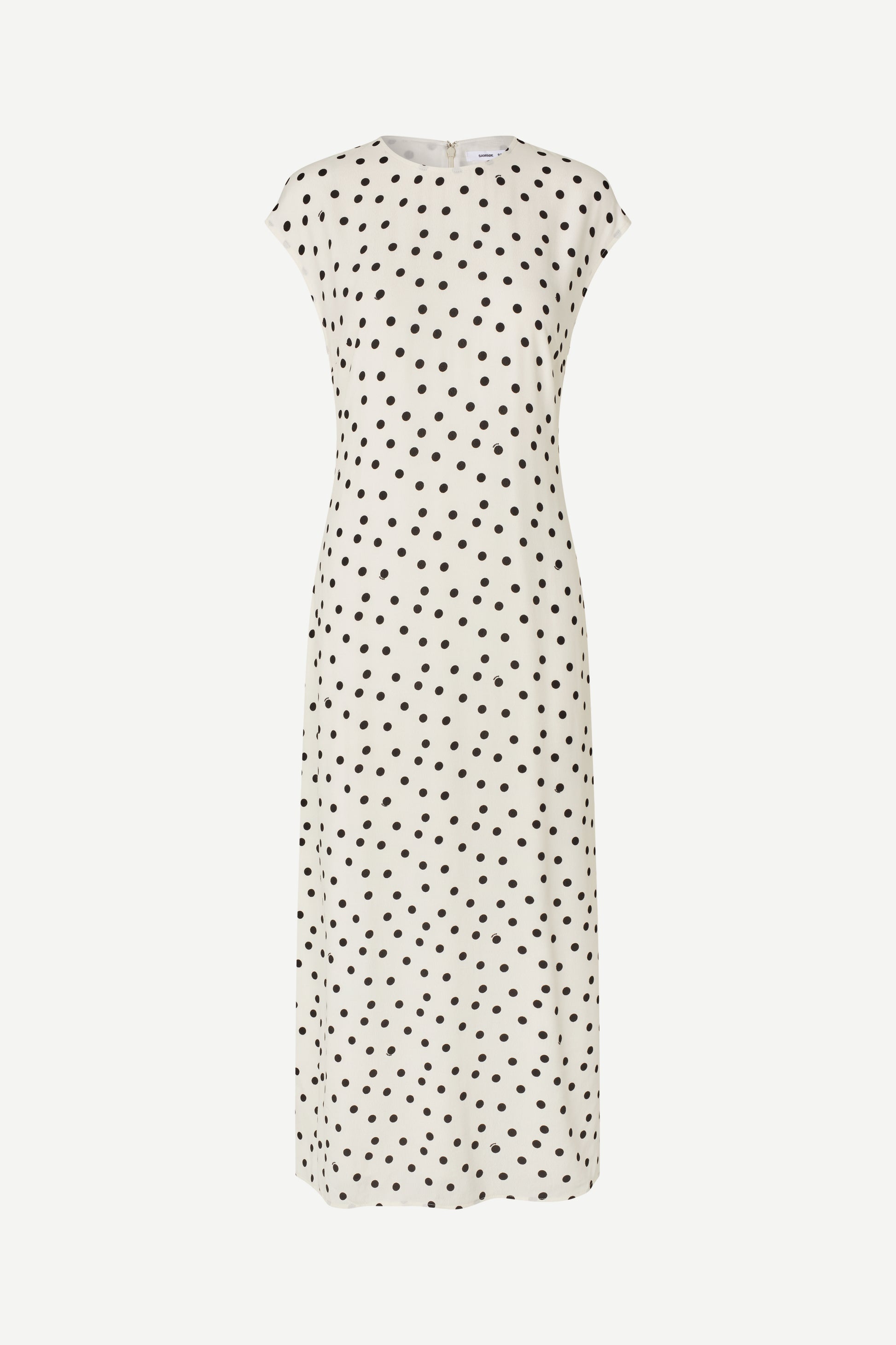 polka dot white mid length dress with cap sleeves and round neck from samsoe 