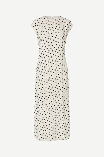 polka dot white mid length dress with cap sleeves and round neck from samsoe 