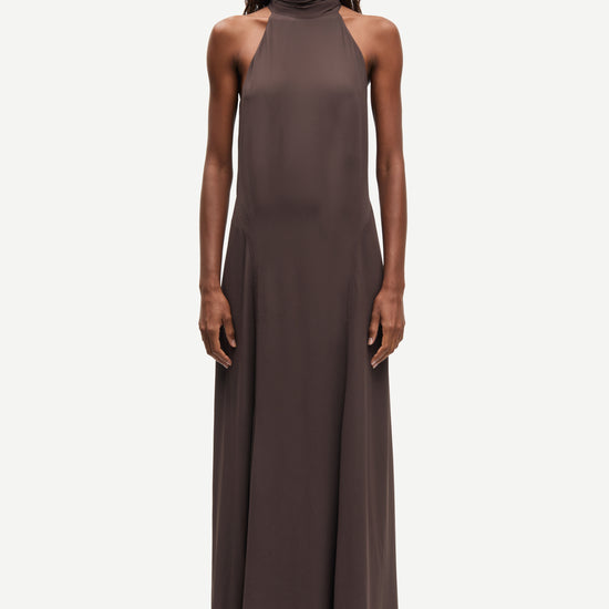 halter neck sleeveless long brown dress from samsoe model shot