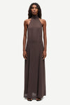 halter neck sleeveless long brown dress from samsoe model shot