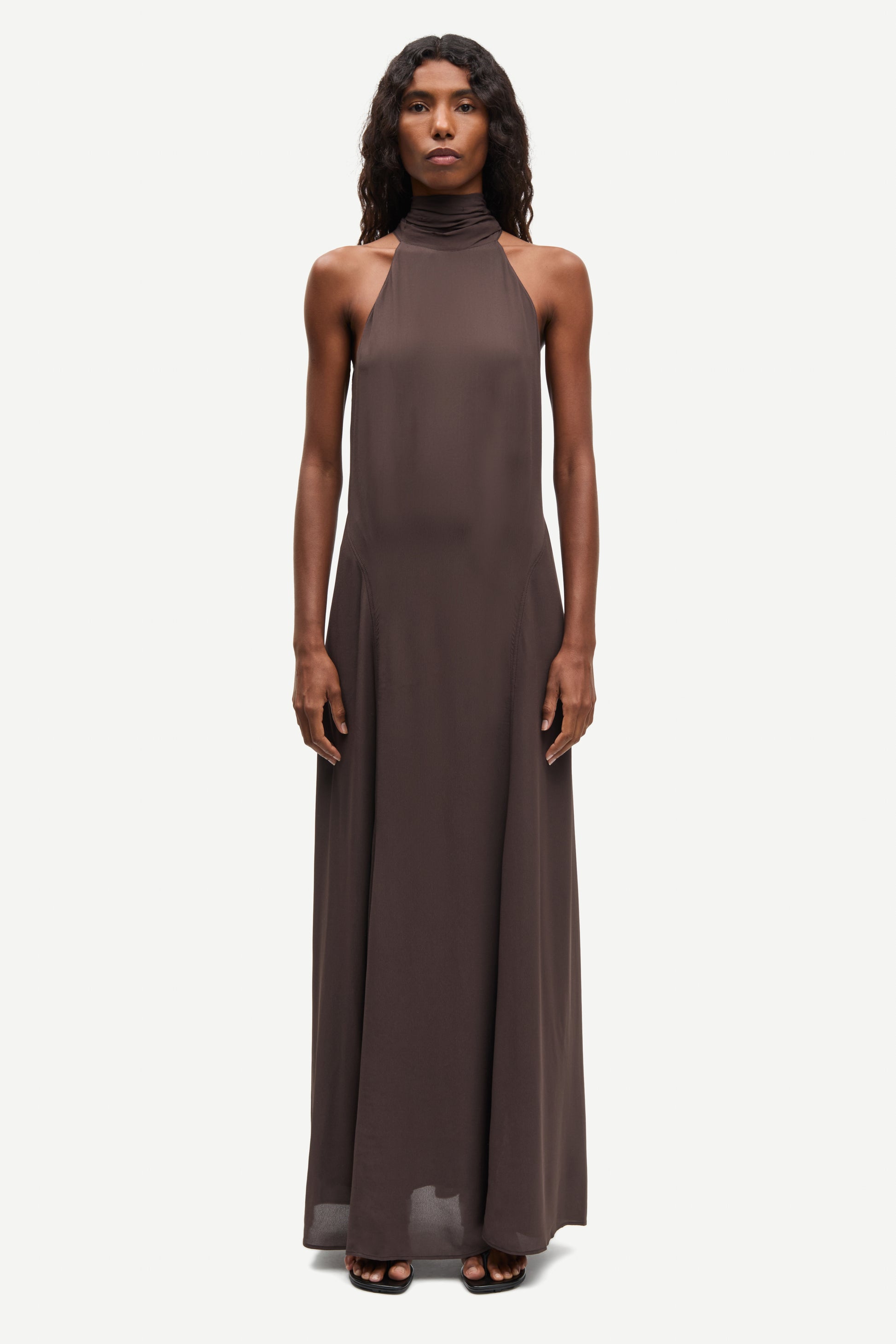 halter neck sleeveless long brown dress from samsoe model shot