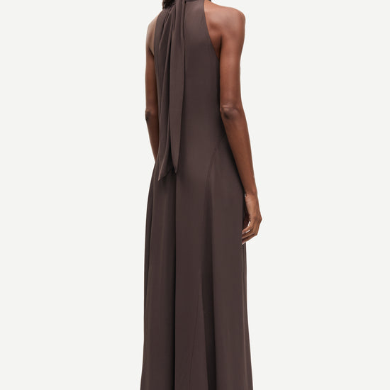 halter neck sleeveless long brown dress from samsoe rear
