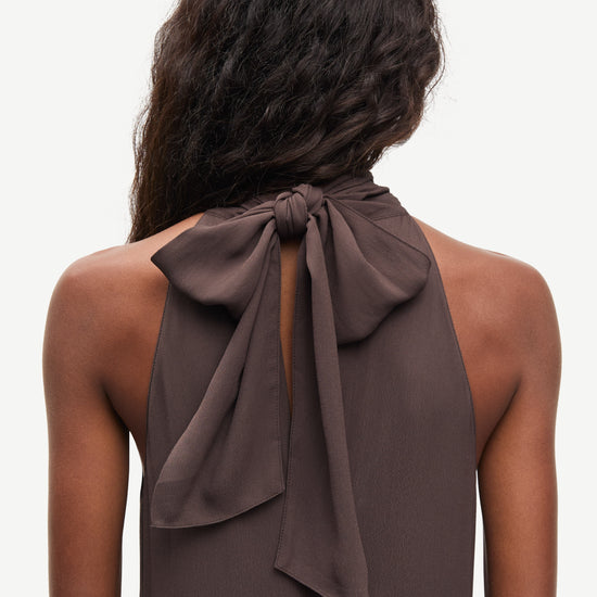 halter neck sleeveless long brown dress from samsoe rear 