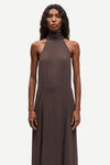 halter neck sleeveless long brown dress from samsoe close up