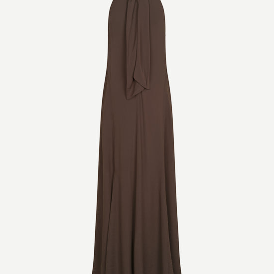 halter neck sleeveless long brown dress from samsoe rear 