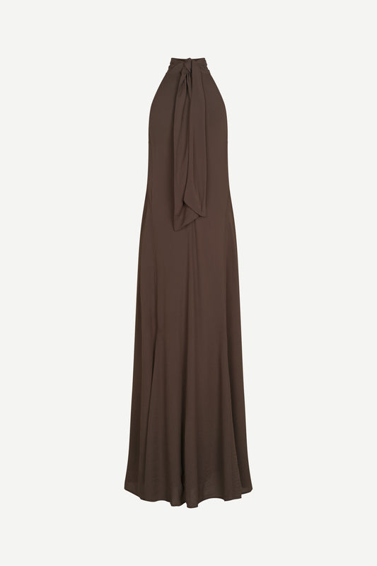 halter neck sleeveless long brown dress from samsoe rear 