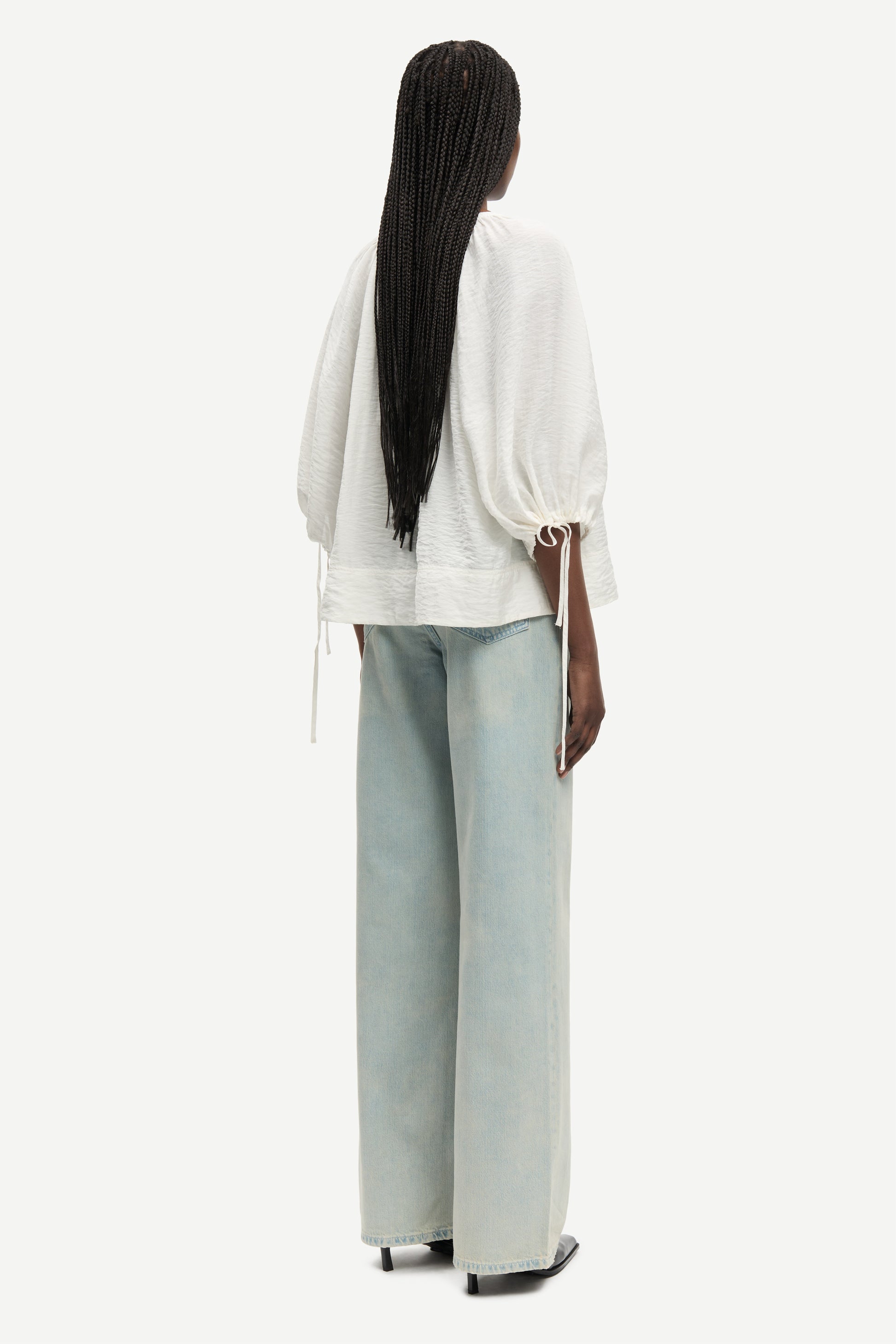 round neck 3/4 sleeve off white blouse with v neck and drawstring cuffs from samsoe rear 