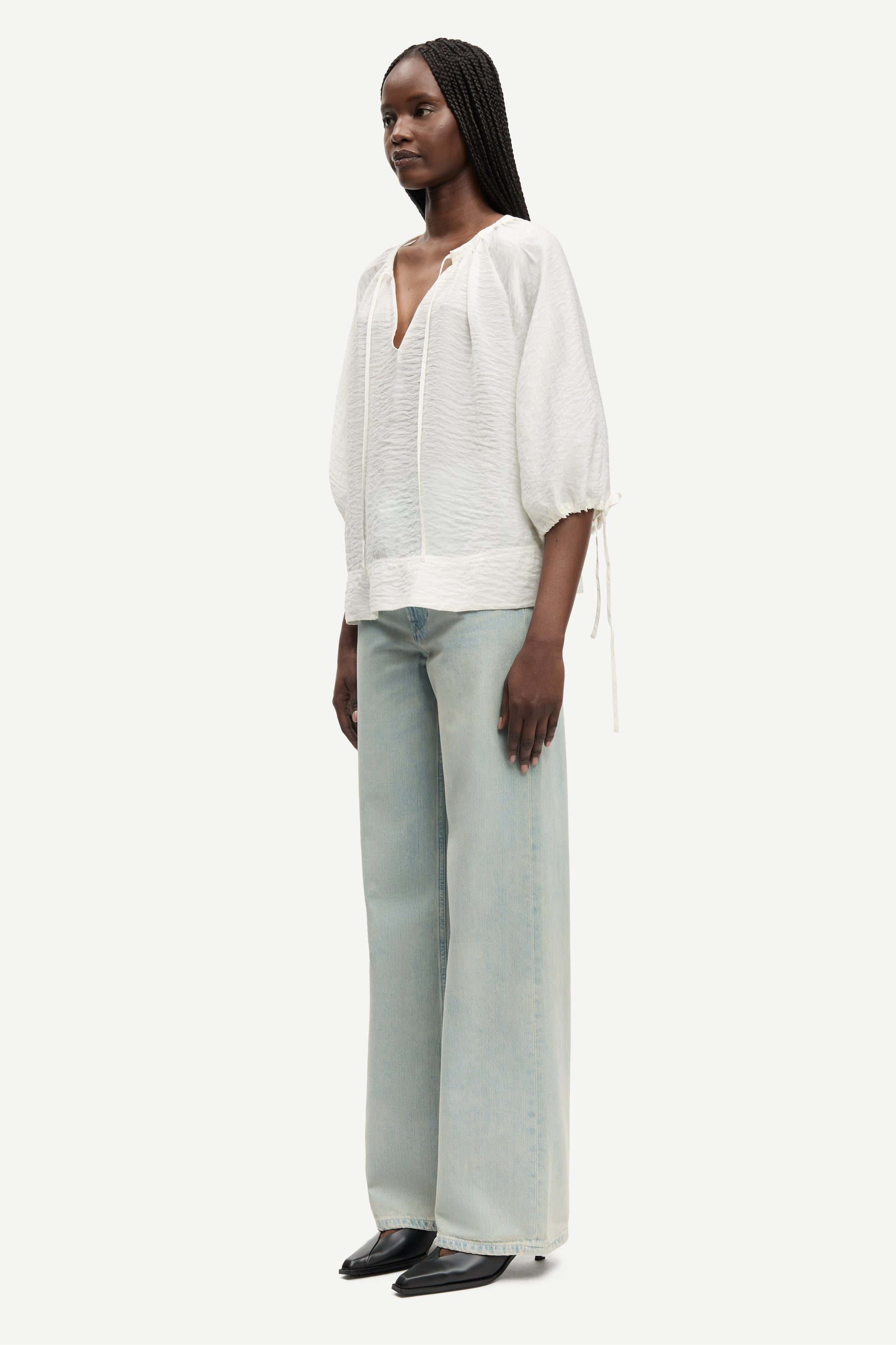 round neck 3/4 sleeve off white blouse with v neck and drawstring cuffs from samsoe side