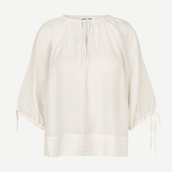 round neck 3/4 sleeve off white blouse with v neck and drawstring cuffs from samsoe