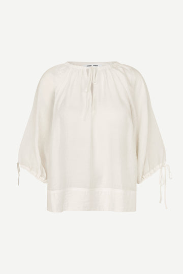 round neck 3/4 sleeve off white blouse with v neck and drawstring cuffs from samsoe