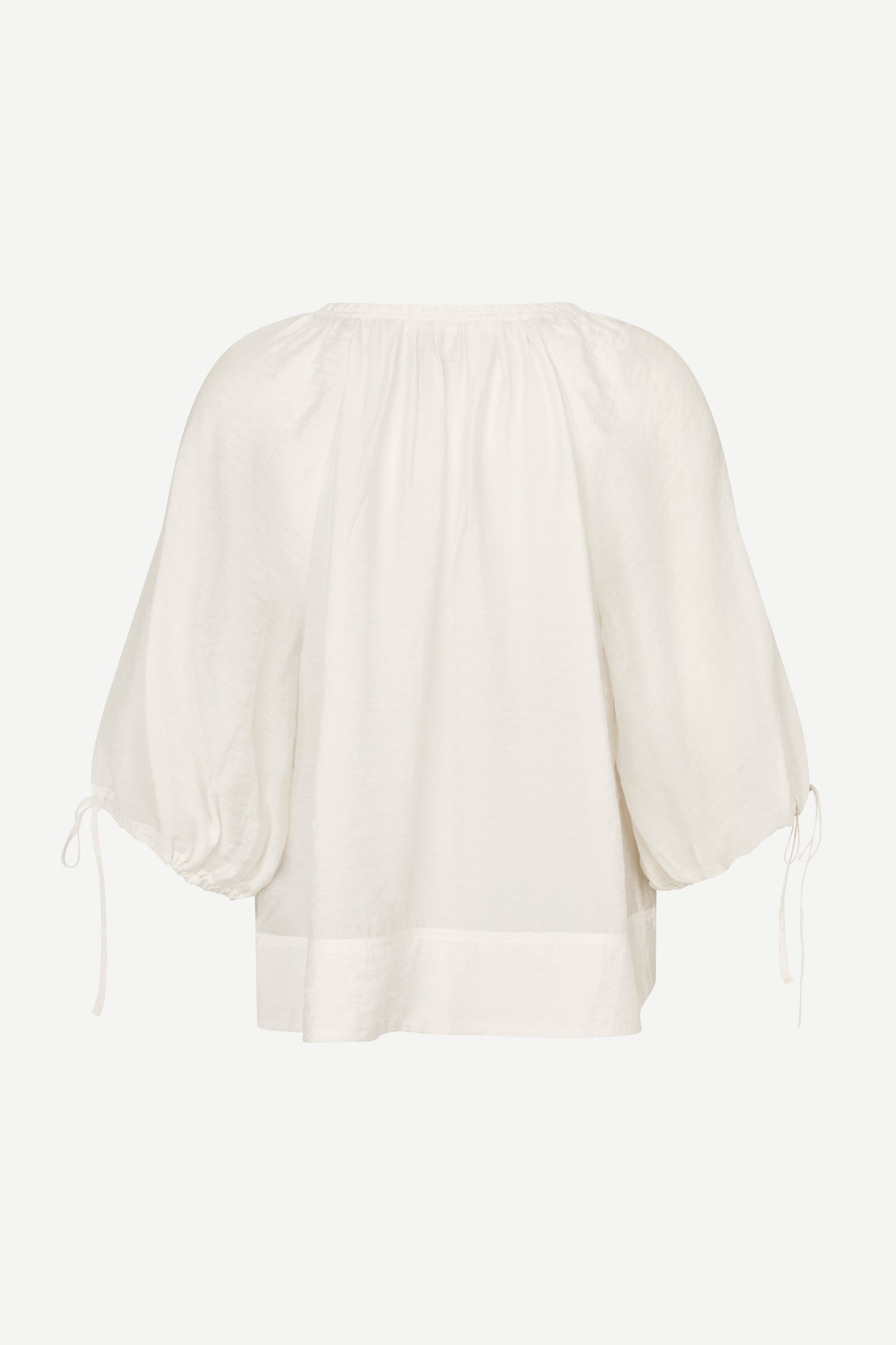 round neck 3/4 sleeve off white blouse with v neck and drawstring cuffs from samsoe rear 