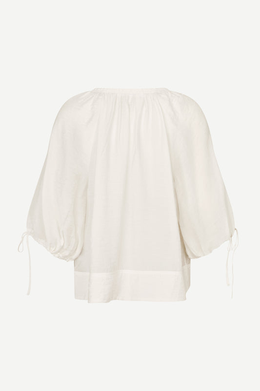 round neck 3/4 sleeve off white blouse with v neck and drawstring cuffs from samsoe rear 