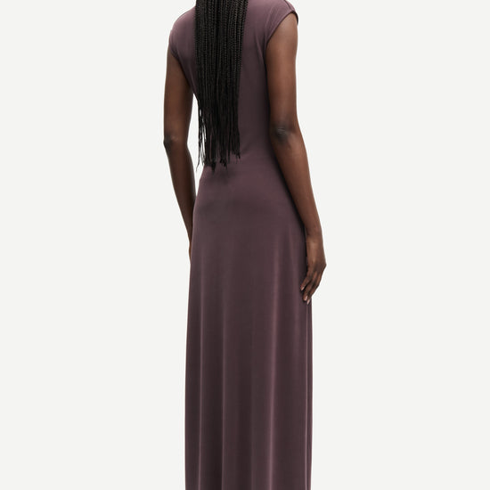 high neck cap sleeves stretchy maxi length rouched burgundy dress from samsoe rear