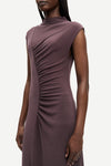high neck cap sleeves stretchy maxi length rouched burgundy dress from samsoe close up