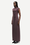 high neck cap sleeves stretchy maxi length rouched burgundy dress from samsoe model shot