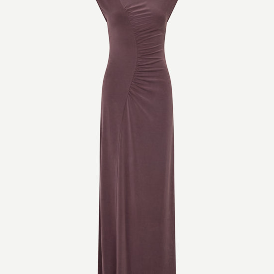 high neck cap sleeves stretchy maxi length rouched burgundy dress from samsoe