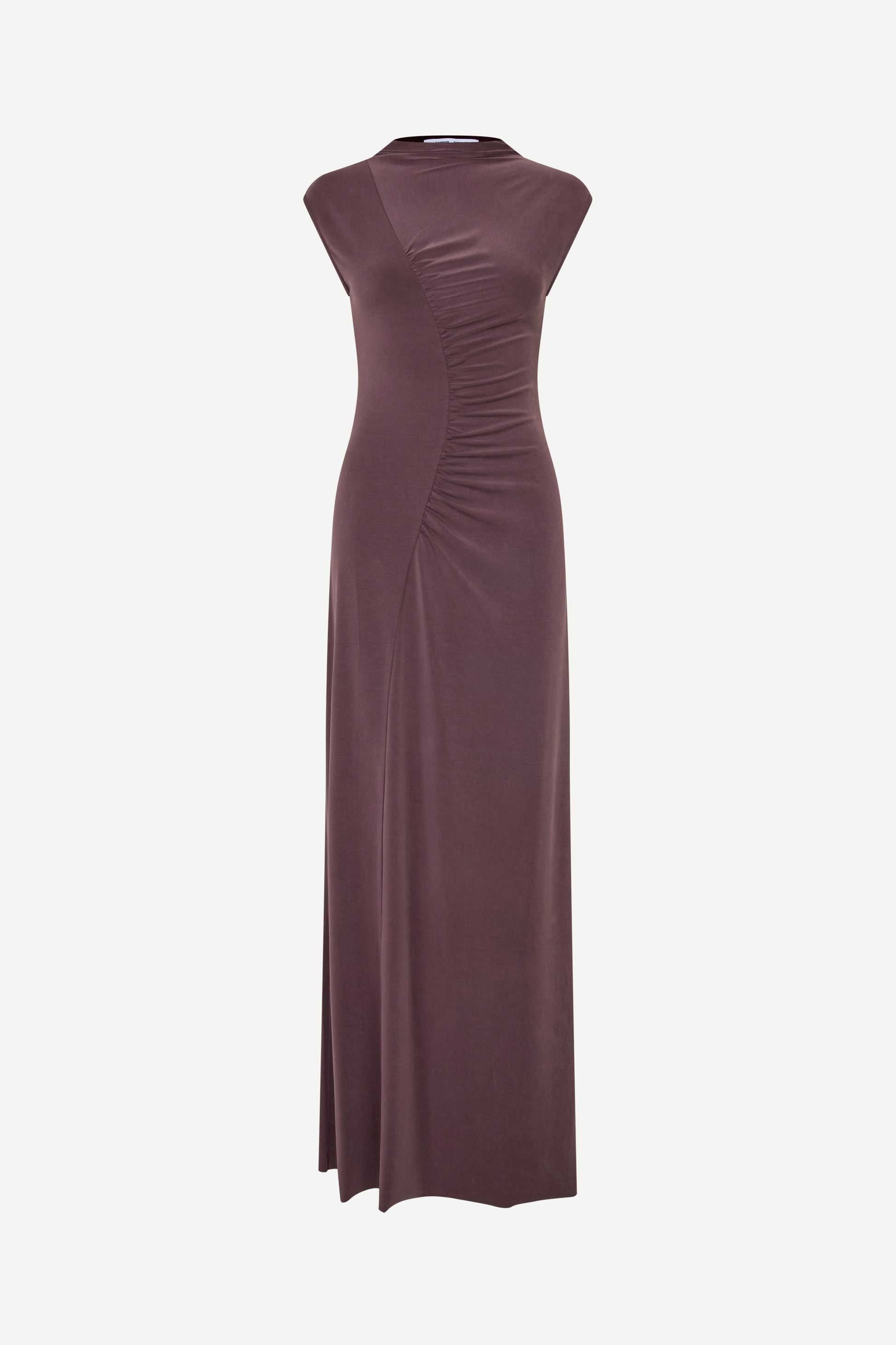 high neck cap sleeves stretchy maxi length rouched burgundy dress from samsoe