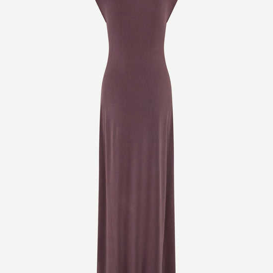 high neck cap sleeves stretchy maxi length rouched burgundy dress from samsoe rear 