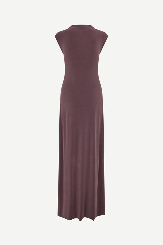 high neck cap sleeves stretchy maxi length rouched burgundy dress from samsoe rear 