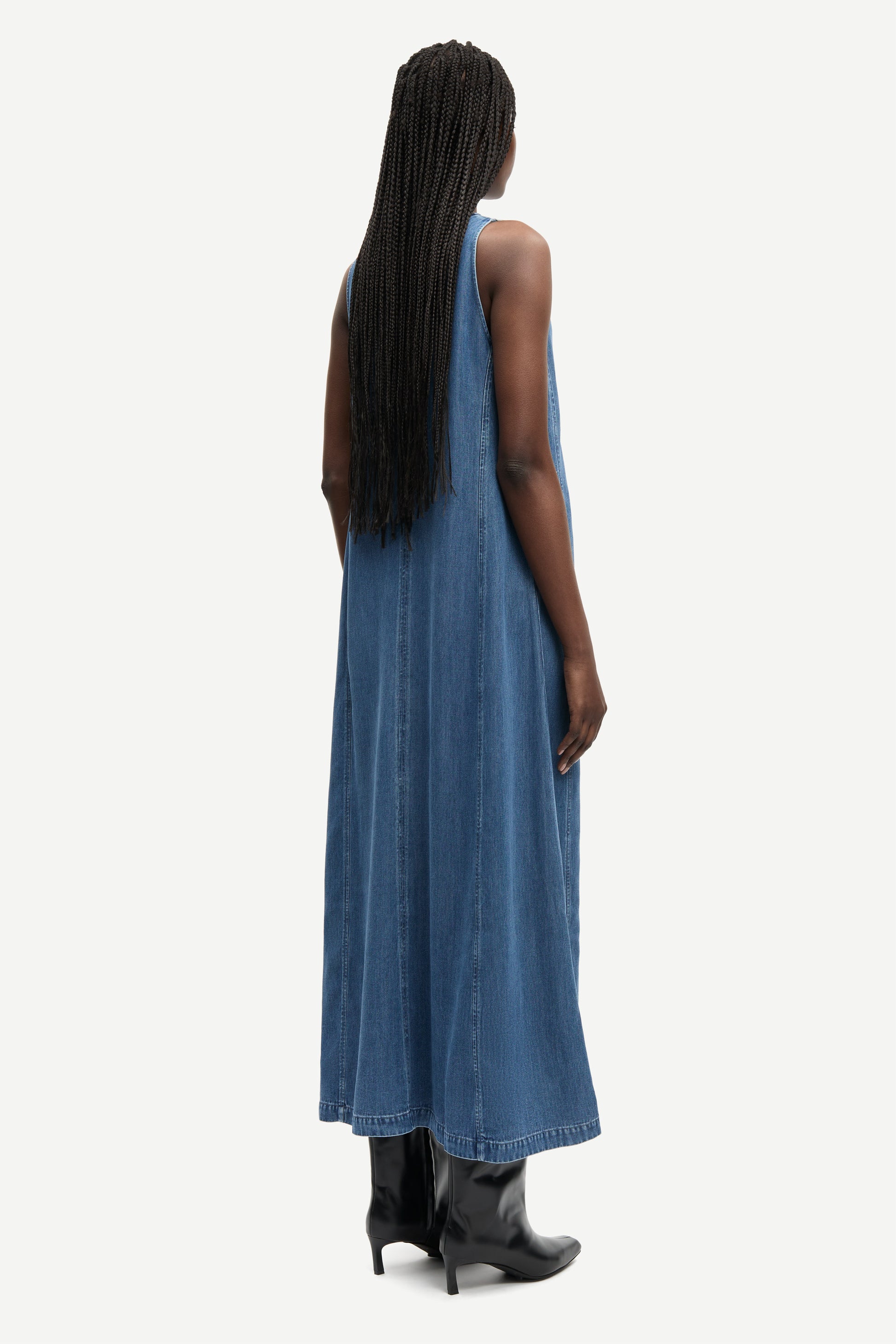 v neck sleeveless maxi length denim blue dress from samsoe rear