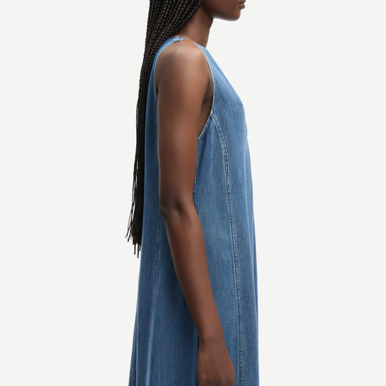 v neck sleeveless maxi length denim blue dress from samsoe side