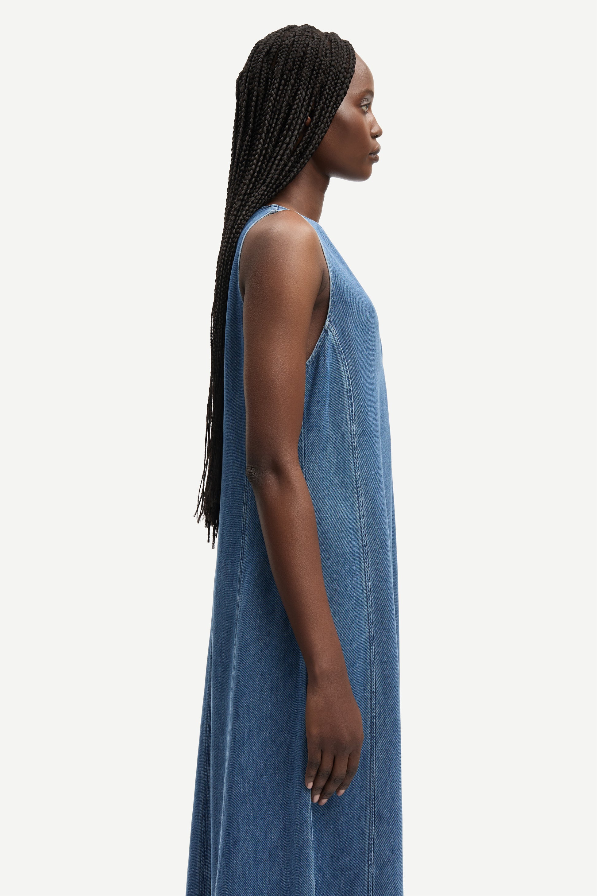 v neck sleeveless maxi length denim blue dress from samsoe side