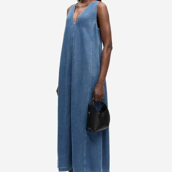 v neck sleeveless maxi length denim blue dress from samsoe side