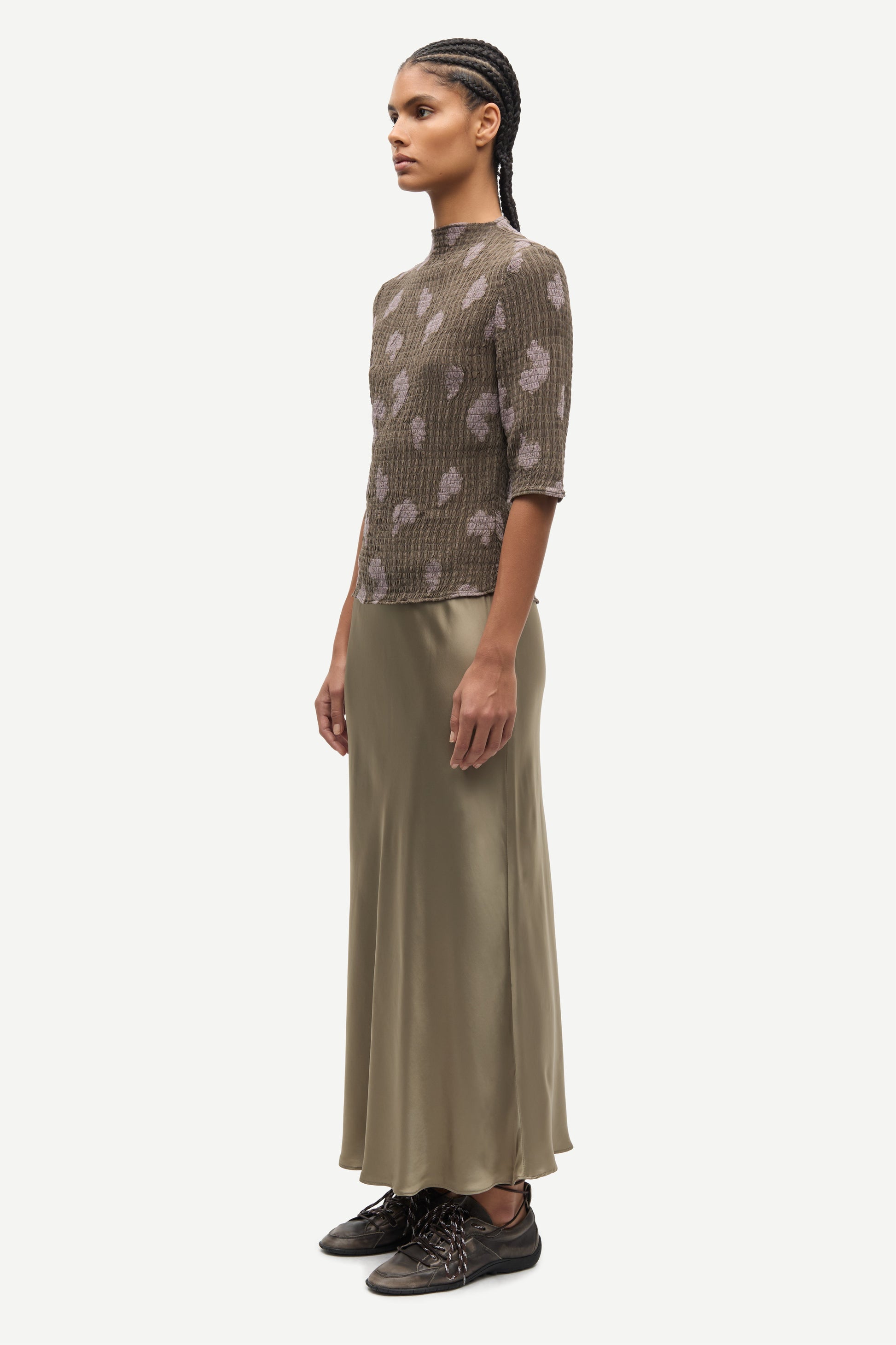 mid length elasticated waist slip skirt in light khaki from samsoe side