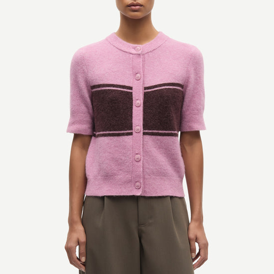 round neck short sleeve pink cardigan with burgundy stripe across the chest from samsoe model shot