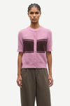 round neck short sleeve pink cardigan with burgundy stripe across the chest from samsoe model shot