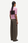 round neck short sleeve pink cardigan with burgundy stripe across the chest from samsoe rear