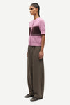 round neck short sleeve pink cardigan with burgundy stripe across the chest from samsoe side