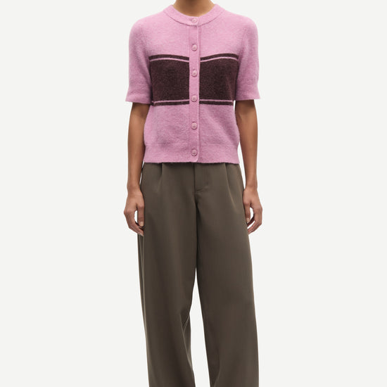 round neck short sleeve pink cardigan with burgundy stripe across the chest from samsoe model 
