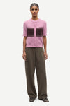 round neck short sleeve pink cardigan with burgundy stripe across the chest from samsoe model 