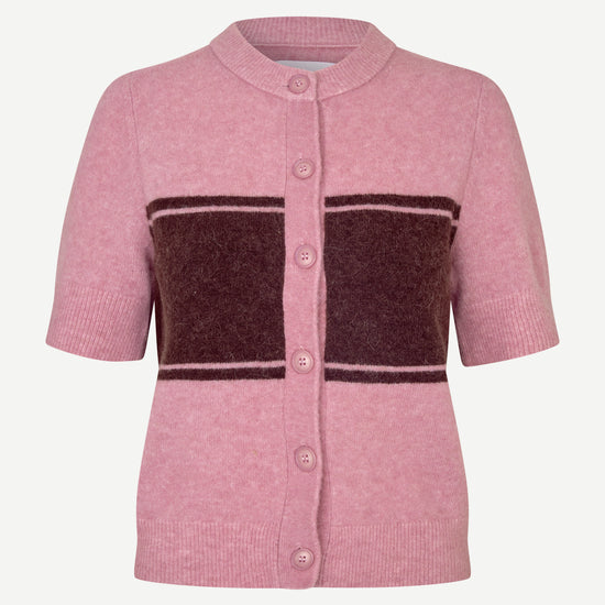 round neck short sleeve pink cardigan with burgundy stripe across the chest from samsoe