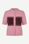 round neck short sleeve pink cardigan with burgundy stripe across the chest from samsoe