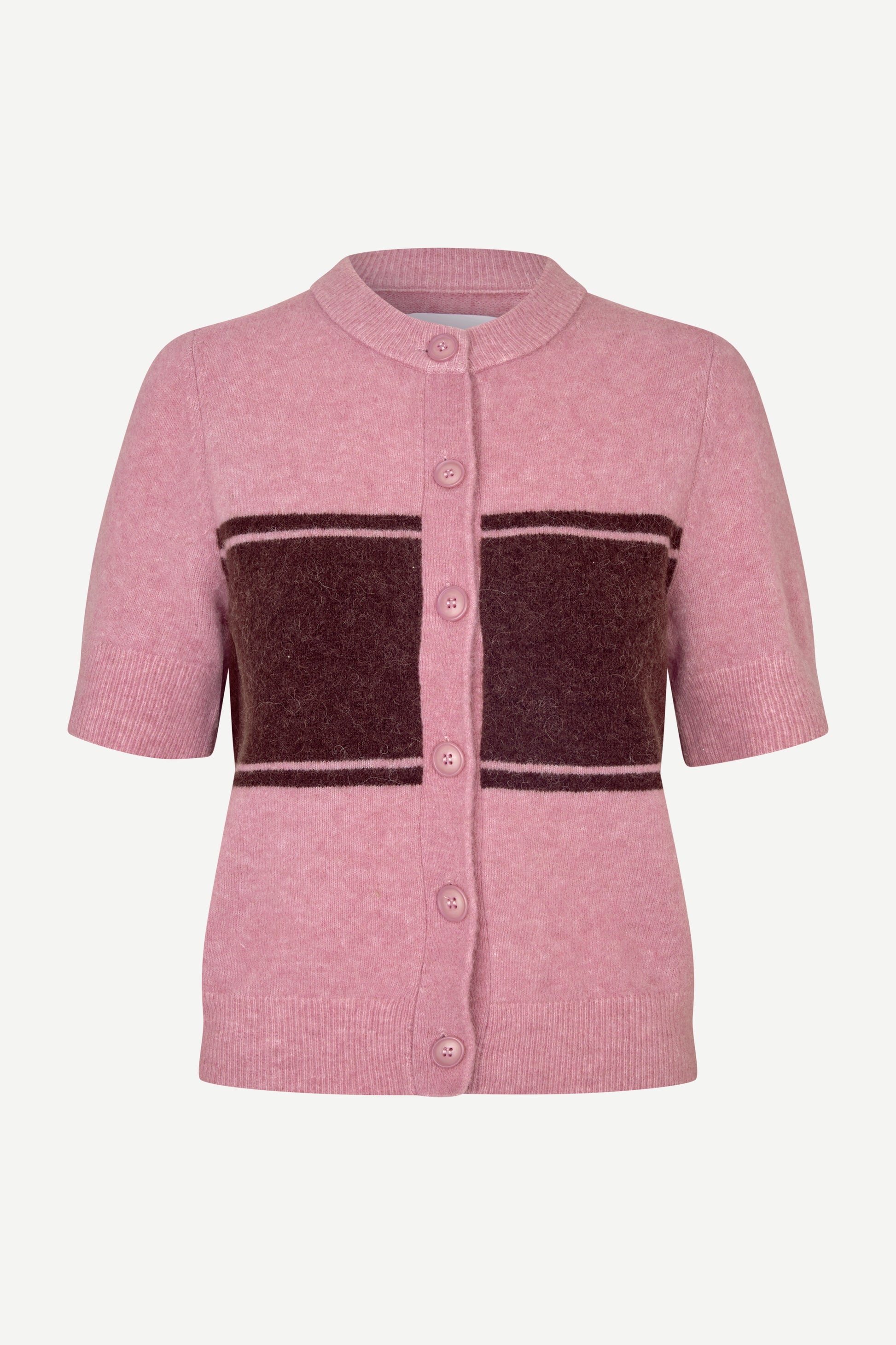 round neck short sleeve pink cardigan with burgundy stripe across the chest from samsoe