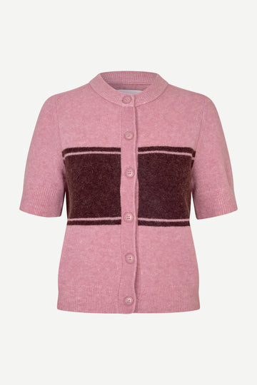 round neck short sleeve pink cardigan with burgundy stripe across the chest from samsoe