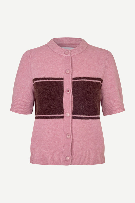 round neck short sleeve pink cardigan with burgundy stripe across the chest from samsoe