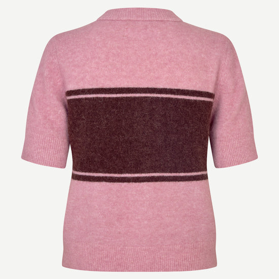 round neck short sleeve pink cardigan with burgundy stripe across the chest from samsoe rear view