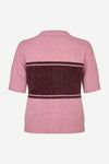 round neck short sleeve pink cardigan with burgundy stripe across the chest from samsoe rear view