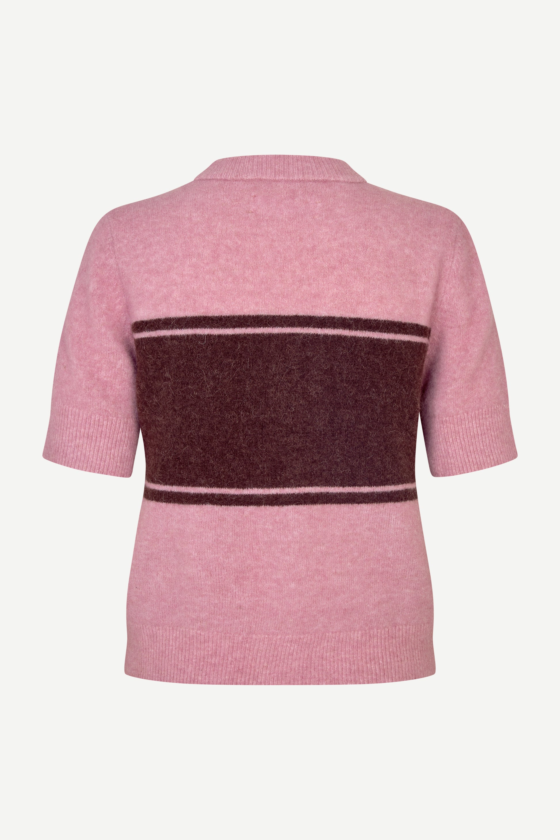 round neck short sleeve pink cardigan with burgundy stripe across the chest from samsoe rear view