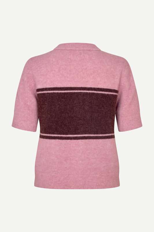 round neck short sleeve pink cardigan with burgundy stripe across the chest from samsoe rear view